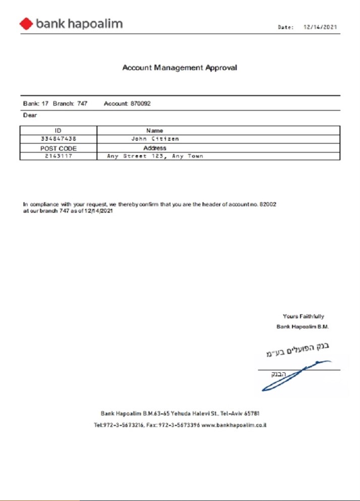 Israel Bank Hapoalim Account Management Approval